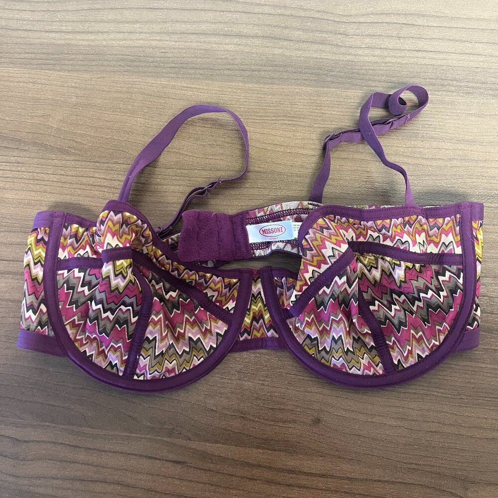 Missoni Intimates Underwire Bra Size 36D Geometric Sheer Balconette Purple Pink